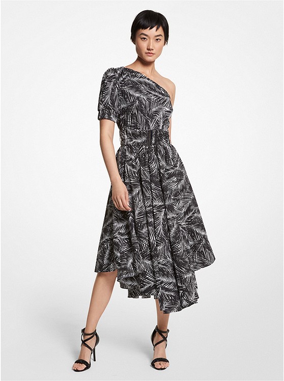 michaelkors.co.uk | Palm Organic Stretch Cotton Poplin One-Shoulder Dress