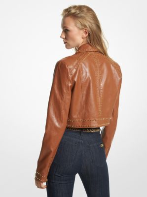 Silver Boxy Cropped Faux Leather Racer Jacket