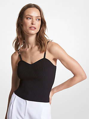 Michaelkors Ribbed Stretch Viscose Cropped Tank Top,BLACK