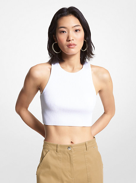 MK Ribbed Recycled Viscose Blend Cropped Tank Top - White - Michael Kors