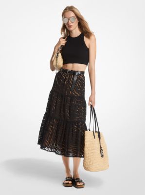 Zebra Eyelet Cotton Tiered Midi Skirt image number 0