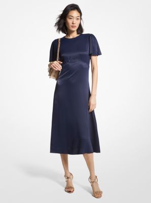 Michael Kors Collection - Navy Blue & Gold Metallic Belted Midi Dress