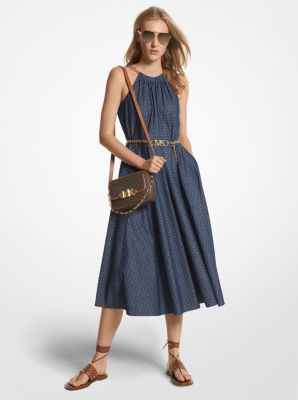 Logo Denim Jacquard Belted Halter Dress | Michael Kors