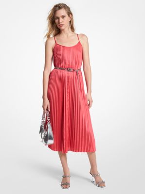 Pleated Satin Belted Slip Dress