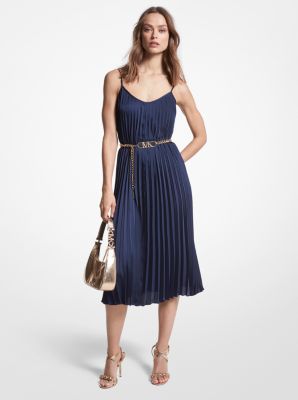 Michael Kors Collection - Navy Blue & Gold Metallic Belted Midi Dress