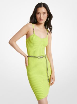 Michael Kors Ribbed Stretch Viscose Belted Bustier Dress In Green
