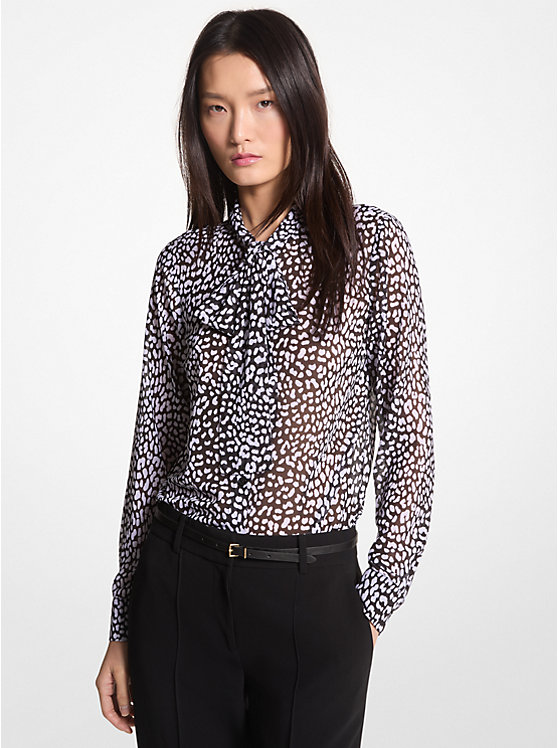 Graphic Leopard Print Georgette Tie-Neck Blouse image number 0