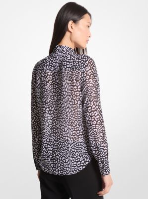 Graphic Leopard Print Georgette Tie-Neck Blouse image number 1