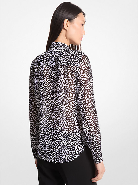 Graphic Leopard Print Georgette Tie-Neck Blouse image number 1