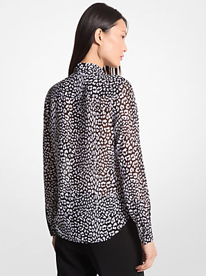 Graphic Leopard Print Georgette Tie-Neck Blouse