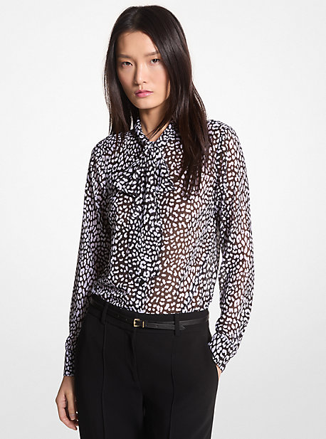 Michael Kors Graphic Leopard Print Georgette Tie-neck Blouse In Black