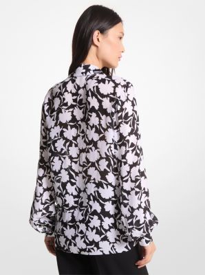 Shadow Floral Georgette Tie-Neck Blouse