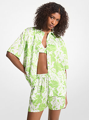 Michaelkors Palm Print Satin Cabana Shirt,GREEN APPLE