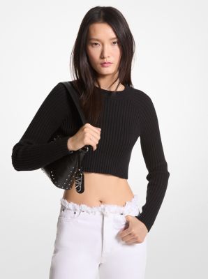 Shop Michael Kors Ribbed Organic Cotton Cropped Sweater In Black