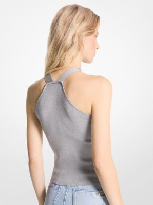 Metallic Stretch Knit Cutout Halter Tank image number 1