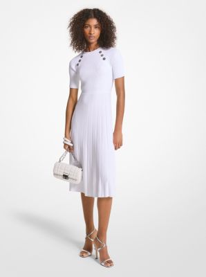 Michaelkors Ribbed Stretch Knit Button Midi Dress,WHITE