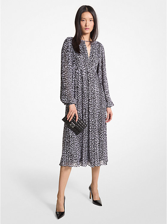 Pleated Leopard Print Georgette Midi Dress image number 0