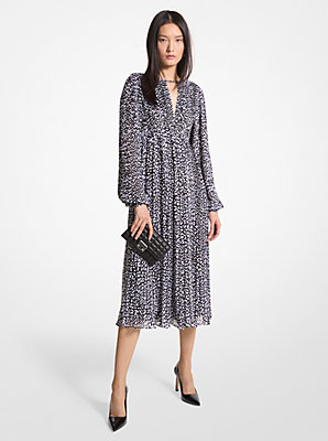 Michaelkors Pleated Leopard Print Georgette Midi Dress,BLACK/WHITE