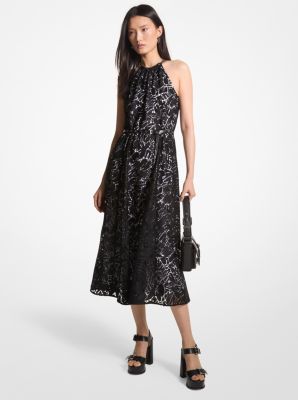 Michaelkors Palm Lace Belted Halter Dress,BLACK