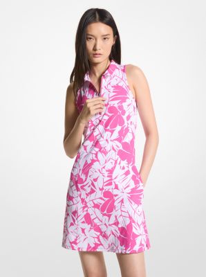 Golf Palm Print Stretch Knit Zip-Up Polo Dress