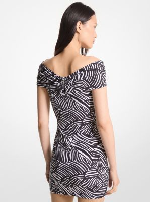 Zebra Print Stretch Matte Jersey Off The Shoulder Dress