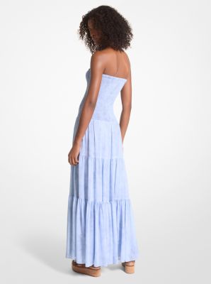 Maxi-jurk van crêpe georgette met smockwerk en chambrayprint image number 1