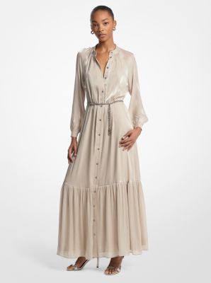 Metallic Crinkled Georgette Belted Kaftan Dress