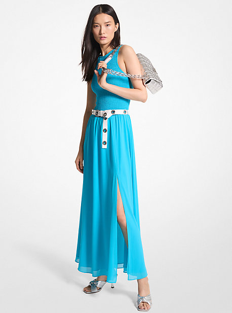 Shop Michael Kors Smocked Georgette Maxi Dress In Blue