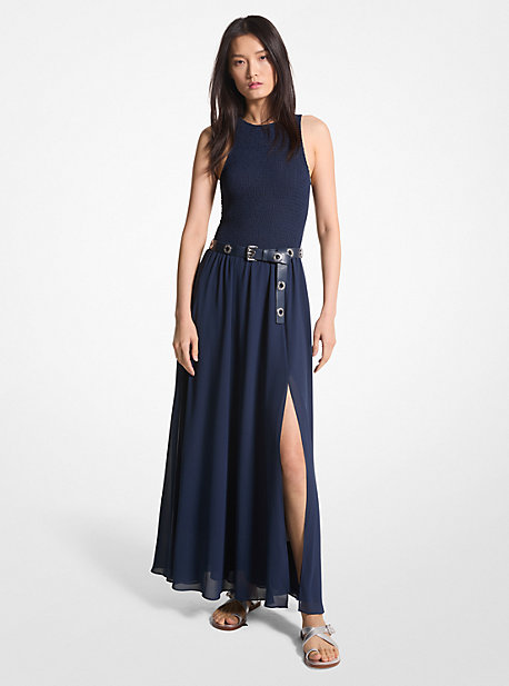 Shop Michael Kors Smocked Georgette Maxi Dress In Blue