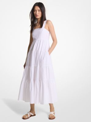 Vestido midi de popelina elástica de algodón con capas image number 0