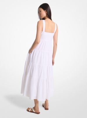 Vestido midi de popelina elástica de algodón con capas image number 1