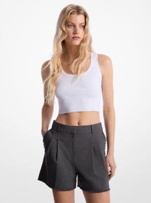 Frayed Stretch Wool Pleated Shorts