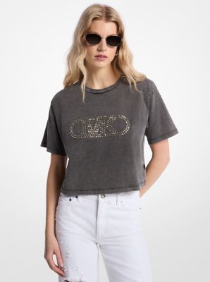 Studded Garment-Dyed Cotton Cropped T-Shirt image number 0