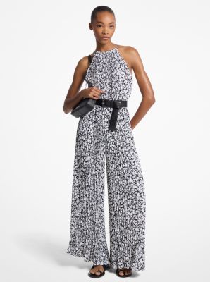 Floral Print Pleated Crepe Halter Jumpsuit