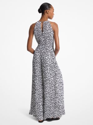 Floral Print Pleated Crepe Halter Jumpsuit