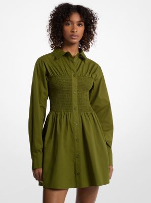 Stretch Cotton Poplin Smocked Shirtdress image number 0