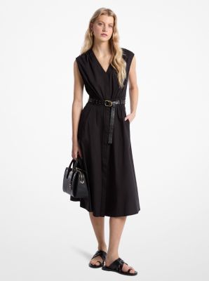 Robe mi-longue en popeline de coton extensible à ceinture