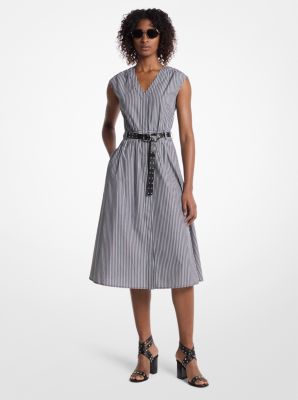 Striped Cotton Poplin Belted Midi Dress image number 0