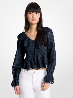 Michael Kors Corded Floral Lace Blouse In Blue
