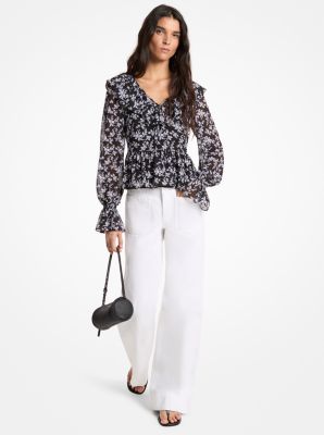 MK Gerüschte Bluse Aus Georgette Mit Blumenmuster - Schwarz