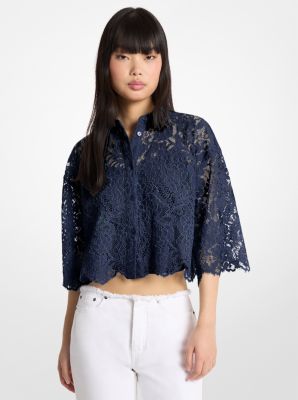 MK Kurze Bluse Aus Floraler Kordelspitze - Blau