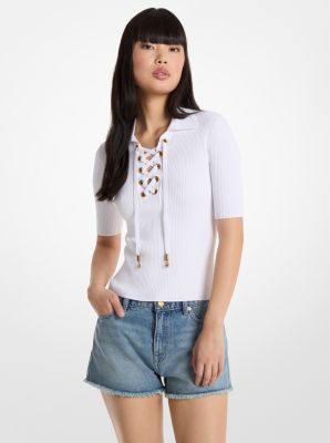 Ribbed Stretch Viscose Lace-Up Polo Top