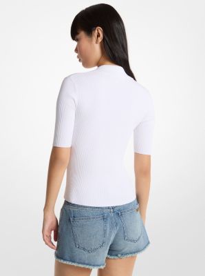 Ribbed Stretch Viscose Lace-Up Polo Top