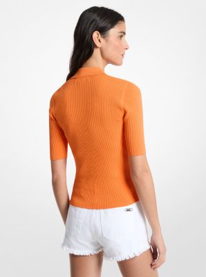 Ribbed Stretch Viscose Lace-Up Polo Top in ORANGE SORBET | Michael Kors