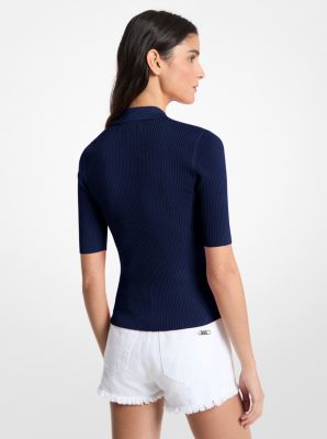 Ribbed Stretch Viscose Lace-Up Polo Top
