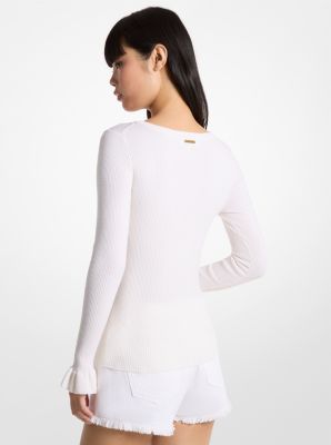 Gerippter Pullover mit V-Ausschnitt aus Wollmischung in WEISS | Michael Kors