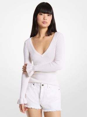 MK Gerippter Pullover Mit V-Ausschnitt Aus Wollmischung - Weiss