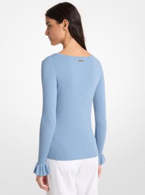 Ribbed Wool Blend V-Neck Sweater