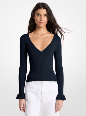 Gerippter Pullover mit V-Ausschnitt aus Wollmischung