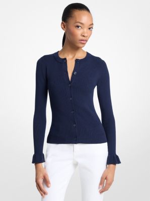 Ribbed Wool Blend Ruffle-Cuff Cardigan